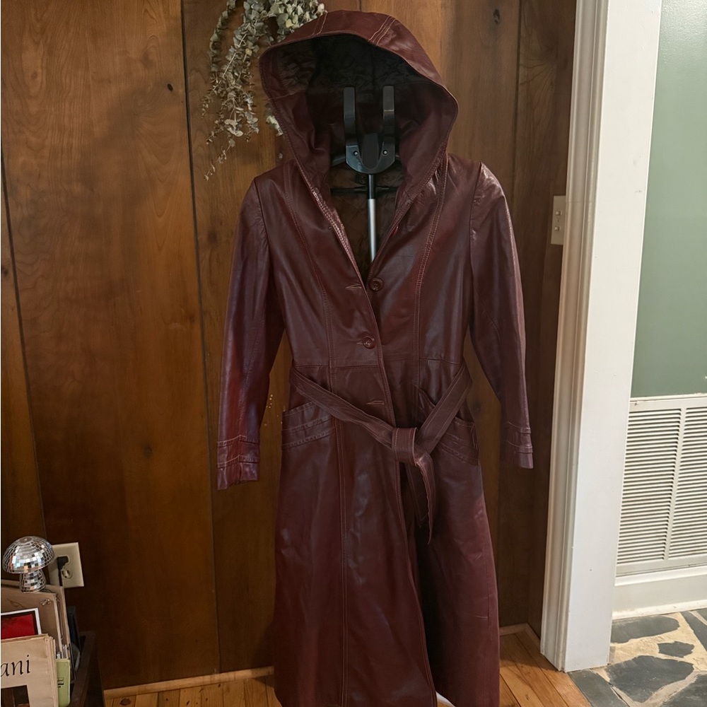 True Vintage Leather Hooded Trench Coat - Deep Burgundy